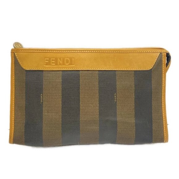 FENDI Pecan-Dark Brown Black Light Brown PVC Leather Mens Clutch Bag 145-081825 - Picture 1 of 10